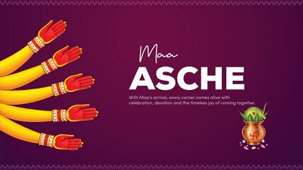 Obraz premium Maa Asche Durga Puja greeting featuring symbolic hands, traditional bangles, sacred kalash, and Bengali festive elements.