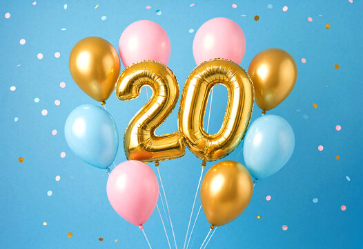 Colorful Balloons Celebrating Twenty Years Anniversary With Gold Foil Numbers