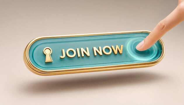 Hand pressing join now button with key icon on teal and gold interface for membership access concept