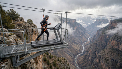 Obraz premium Man on a treadmill on a cantilevered platform over a canyon wearing a safety harness at high altitude