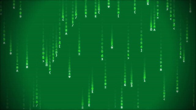 A dense motion graphic of cascading neon green alphanumeric characters and symbols creating a digital rain effect. This technical background represents computer programming, data processing, and cyber