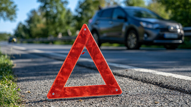 Bright red emergency warning triangle standing on the highway shoulder with a disabled car blurred in the distance, roadside breakdown safety concept, low-angle view, clean asphalt surface, open roa