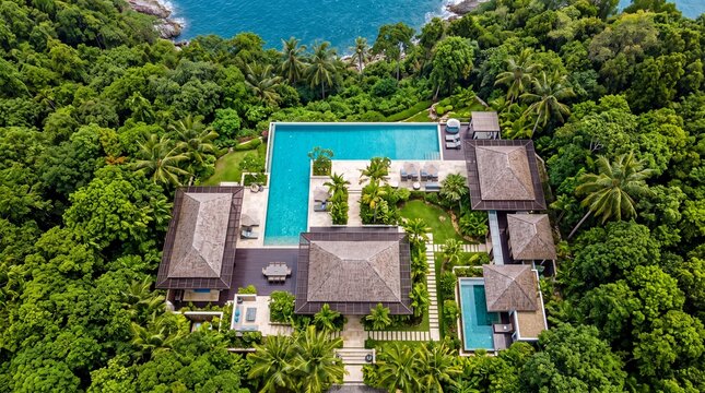 Drone view of luxury tropical resort villa surrounded by lush jungle