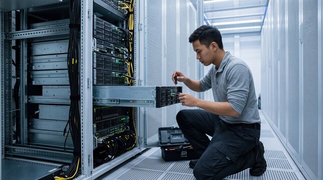 It technician repairing server hardware in a modern data center