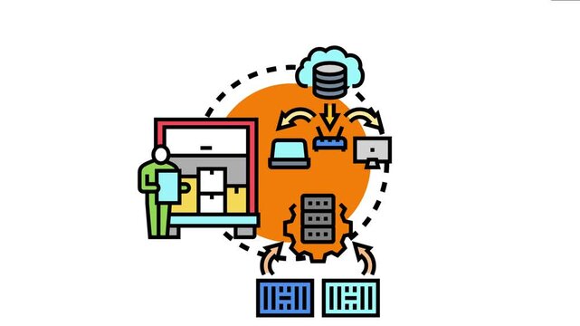 Business concept visualizing operational support and facility resources, showing a worker managing packages on a truck and digital infrastructure handling data flow and storage