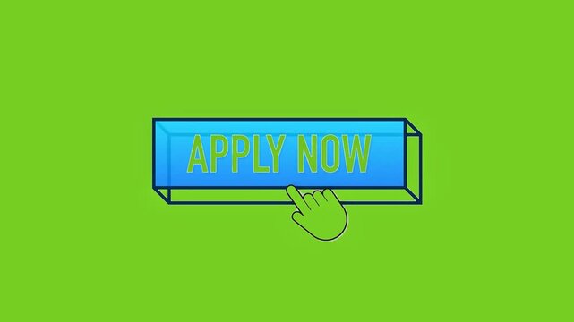 3D animated blue "Apply Now" button with cursor click effect on chroma key green screen background.