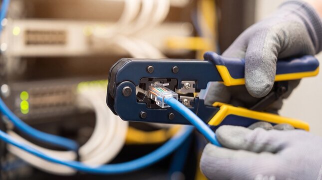 Technician hands using a crimping tool on a blue ethernet cable