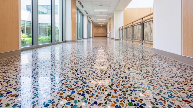 Modern hospital hallway with colorful polished terrazzo floor