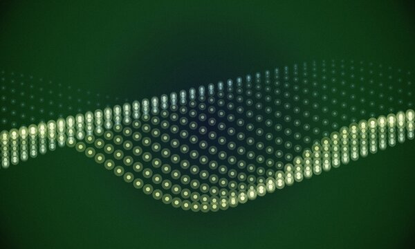 Abstract green digital particle wave, glowing halftone dot matrix background, futuristic technology cyber network surface