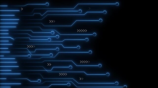 Circuit board lines animation displays directional data arrows. Electronic computer processor hardware runs the circuit board lines animation. Modern motherboard telemetry powers lines.