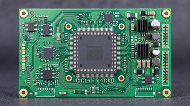 Detailed electronic printed circuit board with central microprocessor