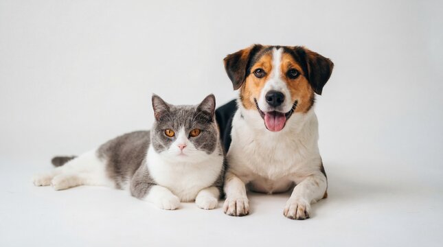 Portrait of an Adorable Cat and Happy Dog Sitting Together side by Side on a Clean White Studio Background for Animal Friendship Photography
