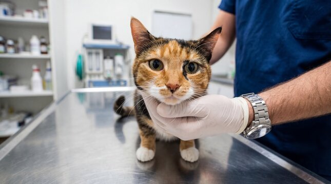 Veterinarian Carefully Examining a Tabby Cat During a Routine Health Checkup in a Professional Veterinary Clinic Environment