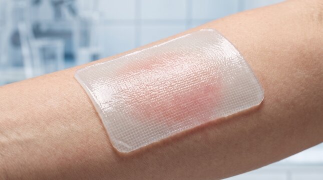 Transparent hydrogel wound dressing on skin.