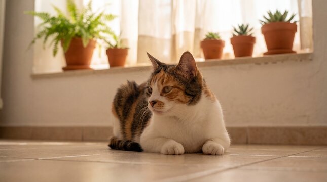 A beautiful tricolor calico cat resting comfortably on a bright tile floor in front of a sunny window with indoor house plants in terra cotta pots