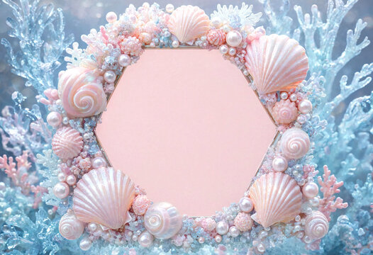Decorative seashell and pearl frame with pastel colors for artistic photography