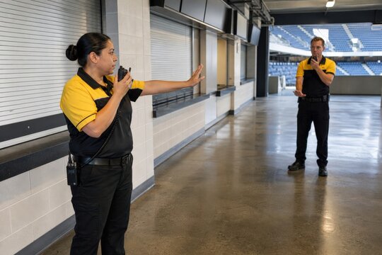 Sports venue crowd safety stewards confirming a clear concession walking lane