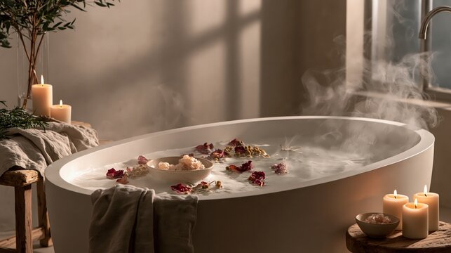 Steamy herbal bath ritual in a freestanding tub with floating dried flowers and herbs, in a calm cinematic mood