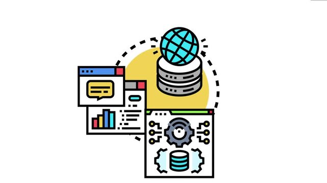 Global network connection transferring data to a server, then processing and visualizing information within a digital framework, indicating a continuous workflow and data handling
