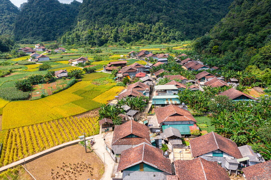 Drone shot of handmade Giay Ban paper drying in Dia Tren village, Cao Bang