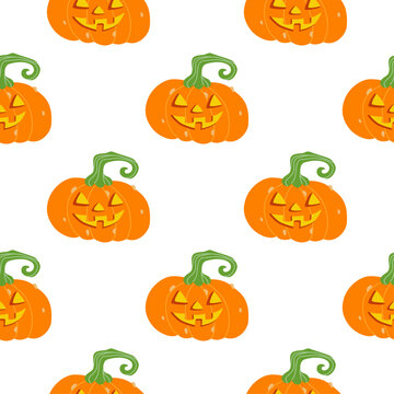 Seamless pattern with cute orange Halloween carved jack-o-lantern pumpkins on white background. For Halloween autumn design and fabric. Vector illustration
