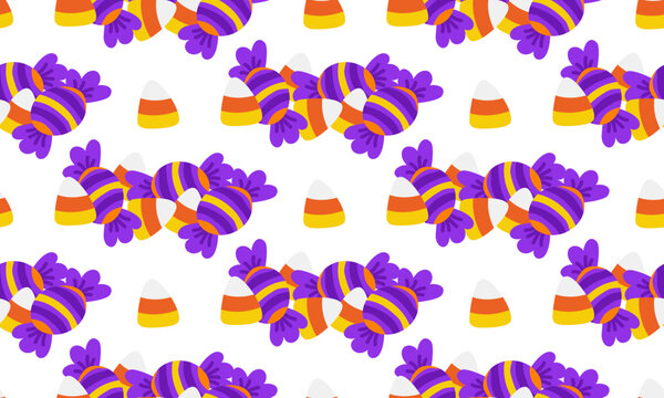 Seamless pattern with Halloween sweets, candy corn, and wrapped purple orange yellow candies on white background. For Halloween trick or treat design. Vector illustration