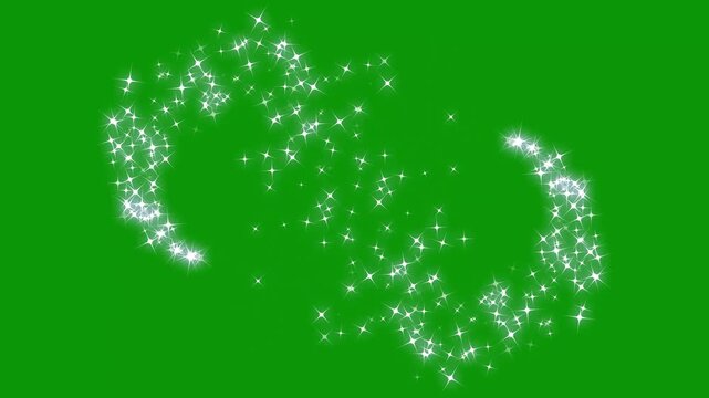 Magic glitter sparkling star line trail, white stars and bokeh lights sparkle, white shining stars and pixel dust particle stars, smooth shimmer particles effect on green screen. 4k video