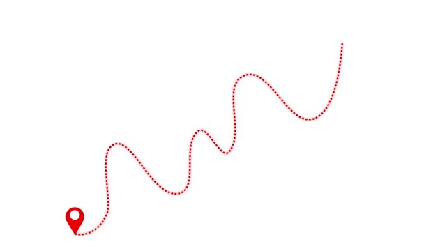 Map pin animation tracks a dotted navigation travel route line. Waypoint destination coordinates guide this active map pin animation. Geographic journey tracking operates on pin.