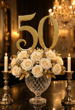 Elegant golden fifty anniversary floral arrangement with candles on decorative table