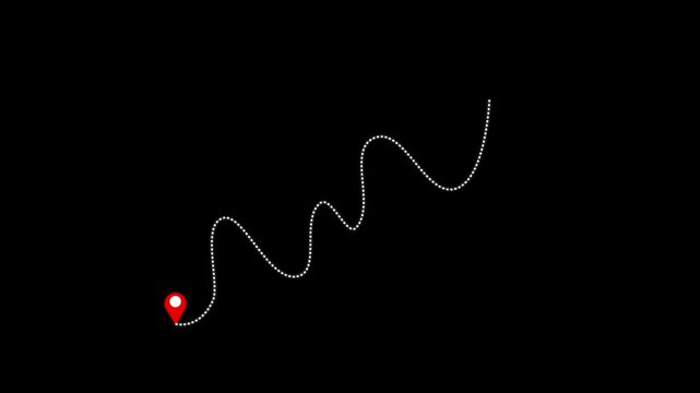 Map pin animation traces a dotted travel navigation route on dark. Destination waypoint coordinates guide the active map pin animation. Geographic journey tracking routes on pin.