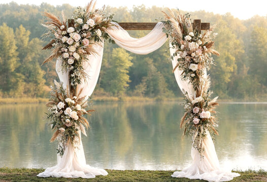 Elegant outdoor wedding arch with floral arrangements beside serene lake scenery