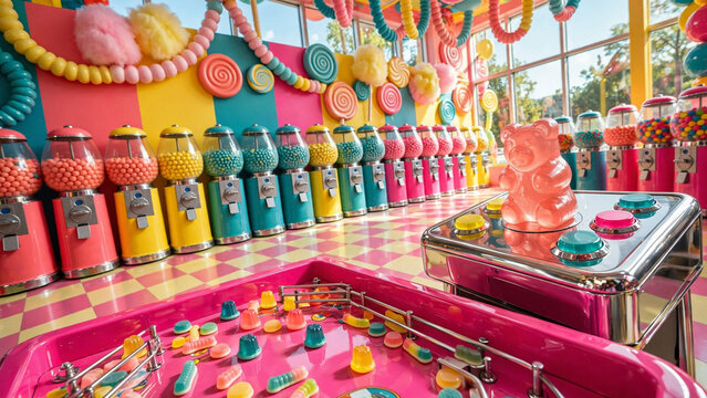 Bright retro candy arcade interior with colorful gumball machines and glossy pink pinball table