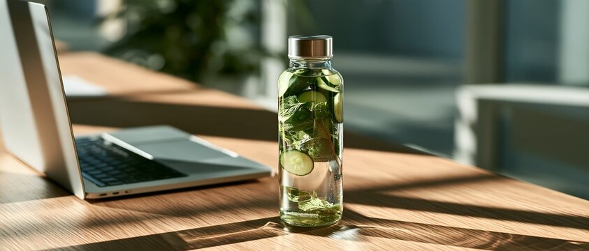 Glass water bottle filled with cucumber and mint, next to laptop on desk