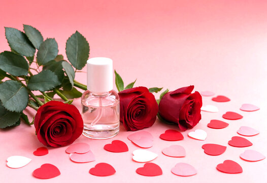 Elegant perfume bottle surrounded by red roses and heart confetti on pink background