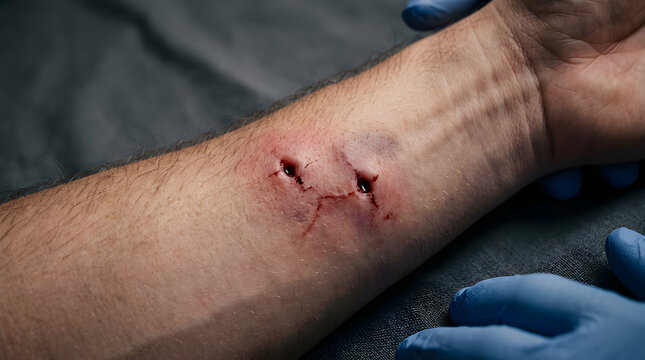 Human forearm with animal bite wound and bruising examined by medical professional in blue gloves