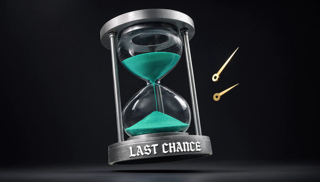 Hourglass with green sand and last chance text symbolizing final opportunity concept against black background