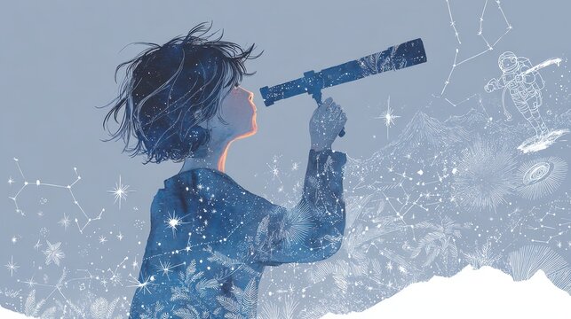 Child looking through a telescope with double exposure space overlay