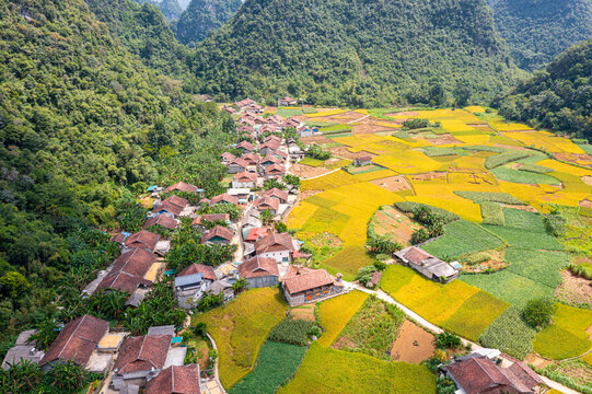 Drone shot of handmade Giay Ban paper drying in Dia Tren village, Cao Bang