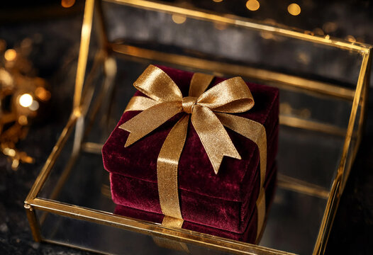 Elegant velvet gift box with gold ribbon inside decorative frame