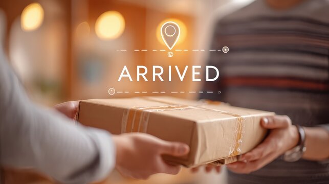 Courier handing a cardboard package to a customer with digital arrival icon