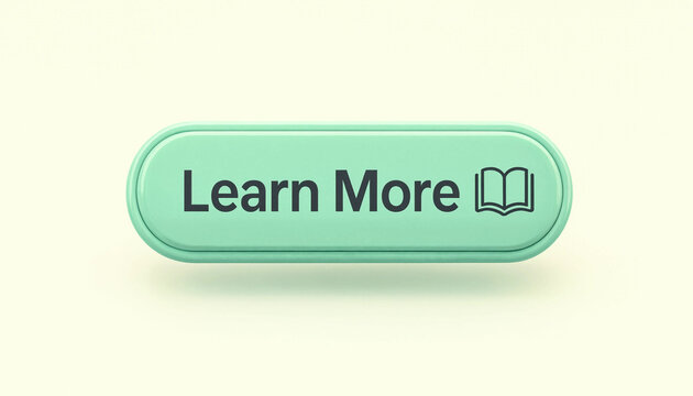 Learn more button with open book icon on light background representing education and knowledge concept