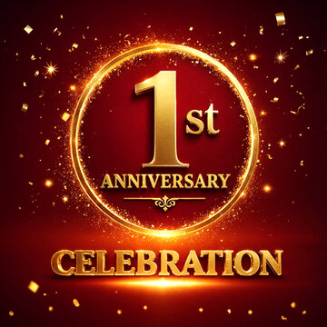 First anniversary celebration graphic design with golden text and confetti effects
