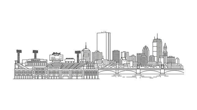 Detailed black and white architectural city skyline sketch illustration.