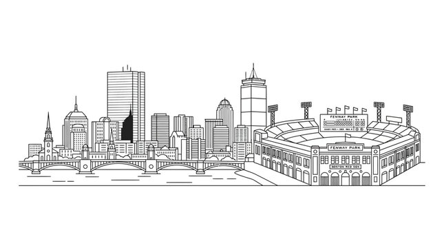 Detailed black line illustration of Boston city skyline.