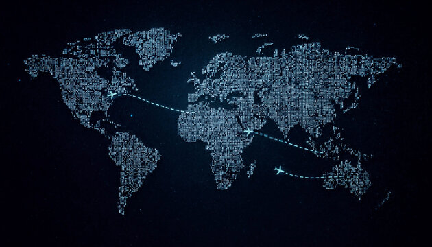 Global flight routes concept with airplane icons traveling across dotted world map on dark background