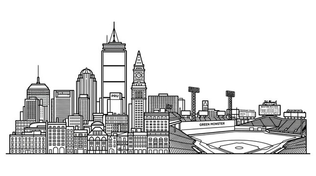 Detailed Boston skyline and Fenway Park line drawing illustration.