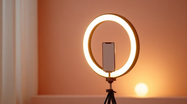 Smartphone on a tripod with a ring light against a blank peach wall