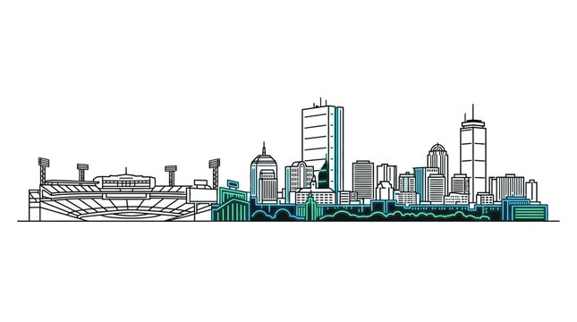 Detailed line art illustration of the Boston city skyline.