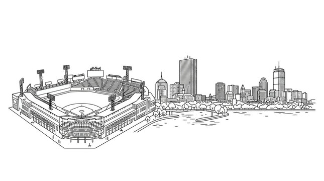 Detailed line art sketch of stadium and city skyline