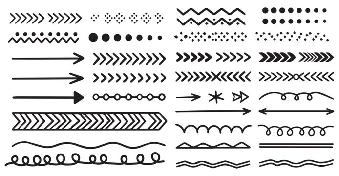 Hand Drawn Geometric Dividers Arrows Borders Patterns Graphic Vector Collection.